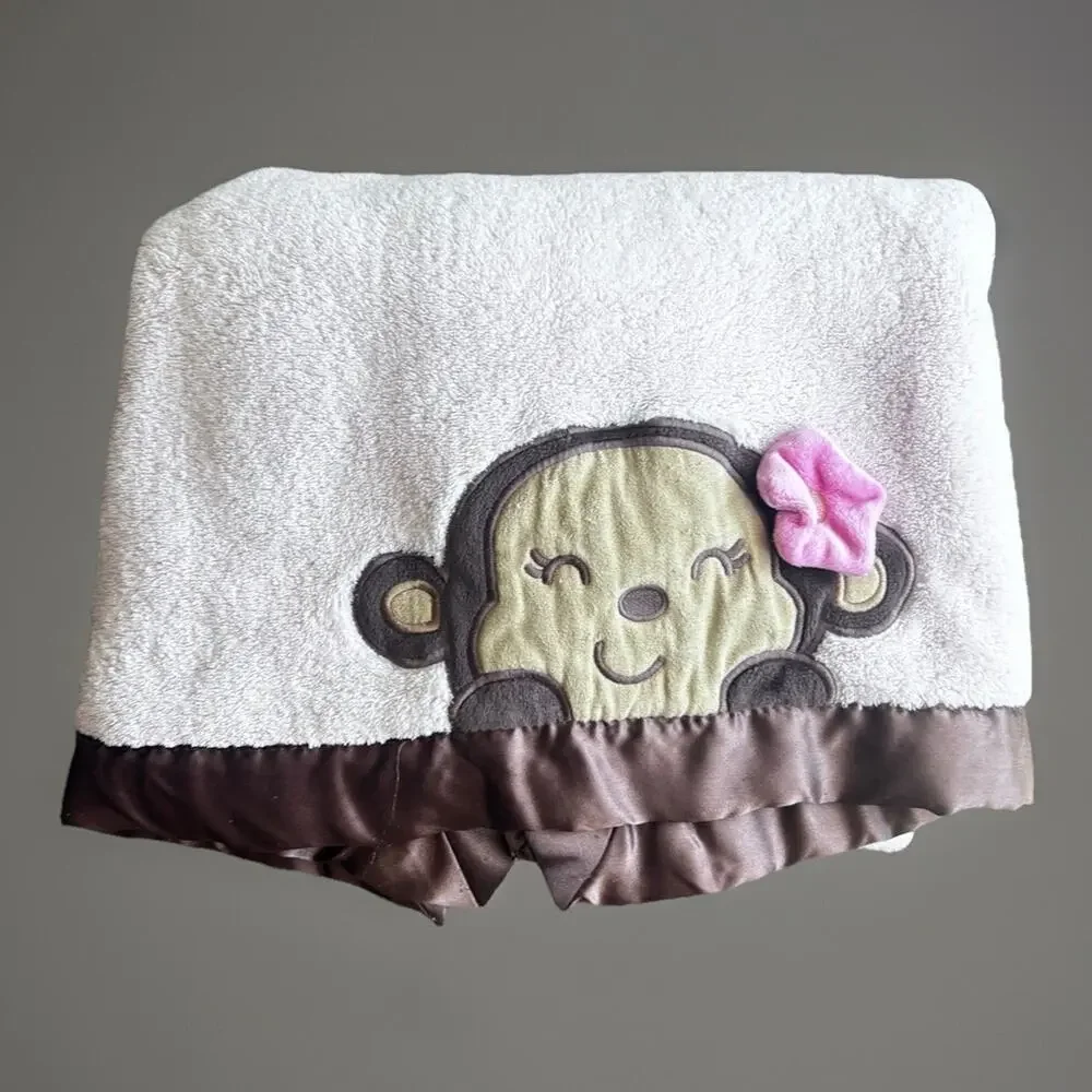 Carter’s Pink Monkey Baby Girls Blanket Pink Brown Lovey Child Mine Satin Edge